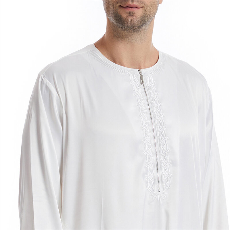 White Muslim Men Robe Long Sleeve Front Zipper Maxi Jubba Thobe Ramadan Eid Islamic Clothing Prayer Abayas Abaya Dress Costumes