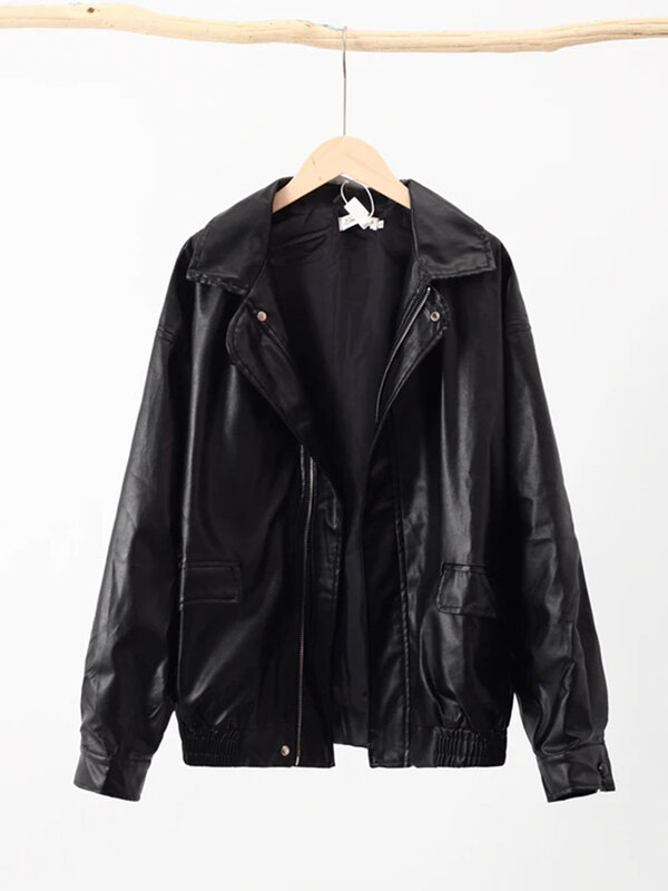 Женская мотоциклетная куртка Zoki в стиле ретро, уличная одежда из искусственной кожи в стиле Харадзюку, Байкерский пиджак в стиле хип-хоп с надписью, американский Повседневный винтажный Топ в стиле бойфренда с длинным рукавом, Y2K