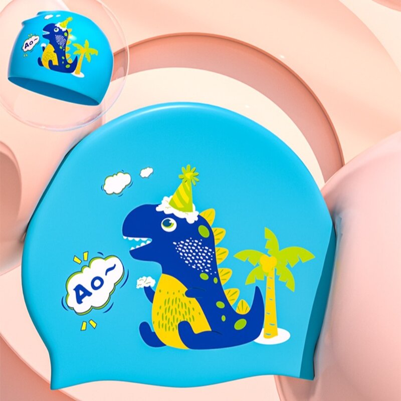 Gorro de natación de silicona Flexible para niños, gorro de buceo impermeable, protección para los oídos, patrón de dinosaurio, cubierta para piscina