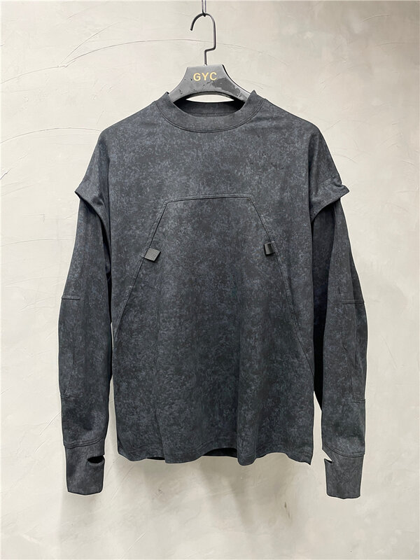 Dark Avant-Garde Style Wear Stand Cut Stitching guanti t-Shirt a maniche lunghe camicia da uomo personalizzata lavata alla moda