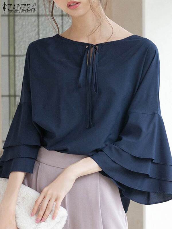 ZANZEA Elegant Office Flare Sleeve Blouse  WomenVintage Summer Lace-up Neck Tops 2024 Casual Solid Loose Tunics Female Blusas