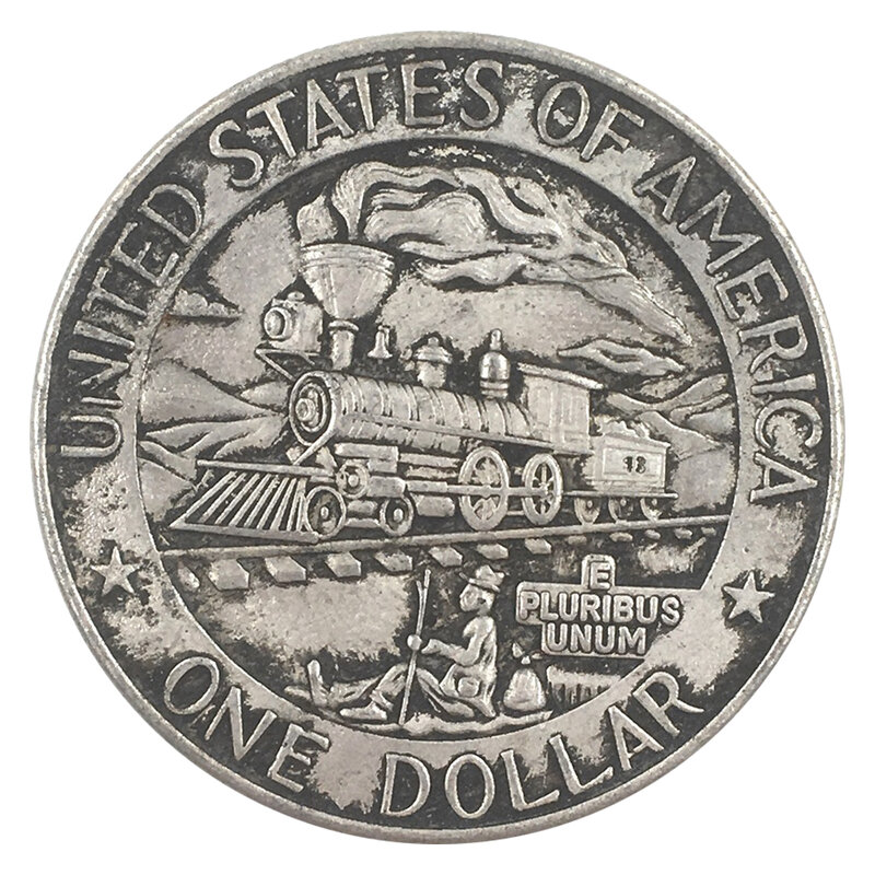 Luksusowa zabawna pociąg parowy 1-dolarowa para monet 3D sztuka zabawa kieszonkowa moneta pamiątkowa szczęśliwa moneta + torba na prezent