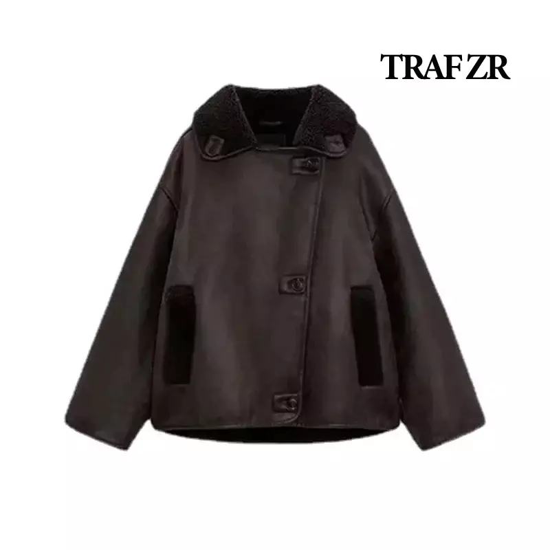 TRAF ZR 여성용 두꺼운 인조 가죽 모피 양가죽 코트, 여성용 라펠 지퍼 PU 재킷, 따뜻한 오토바이 재킷, 겨울 코트