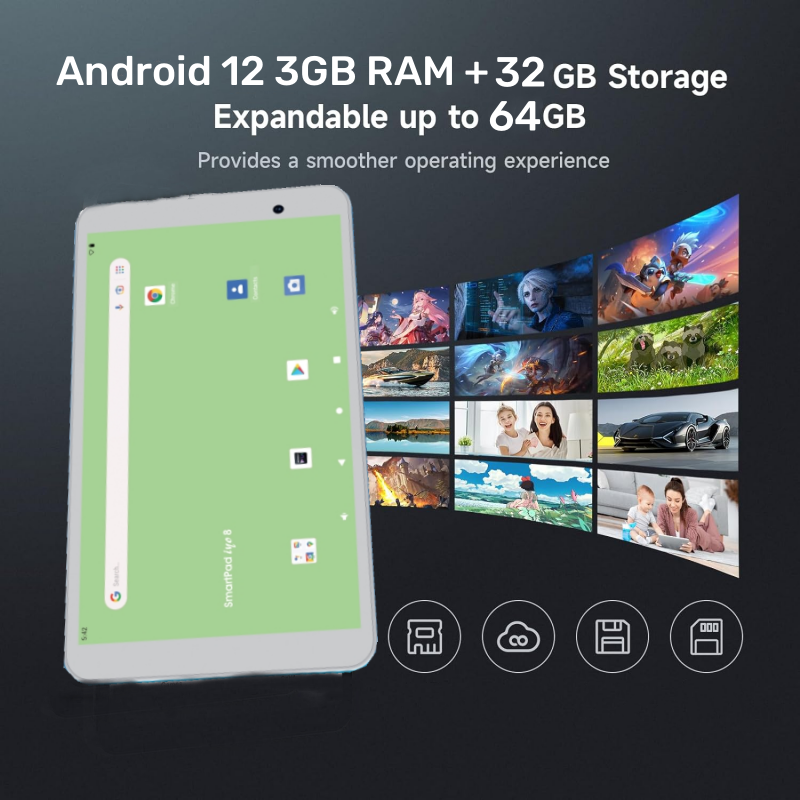 Tablet Android 12 A8 8 inci, PC 3GB RAM 32GB ROM RK3566 CPU Quad Core 1.8GHz tipe-c kamera ganda 1024x600 piksel