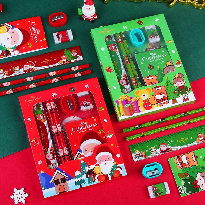 Kit de papelería navideña para niños y estudiantes, set de 6 unidades con regla, lápiz, goma de borrar, sacapuntas y Bloc de notas
