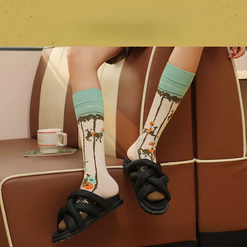 2024 Retro Color Contrast Gradient Stripes AB Knee-length Calf Socks Women Individual Fashion Cotton Sports Socking