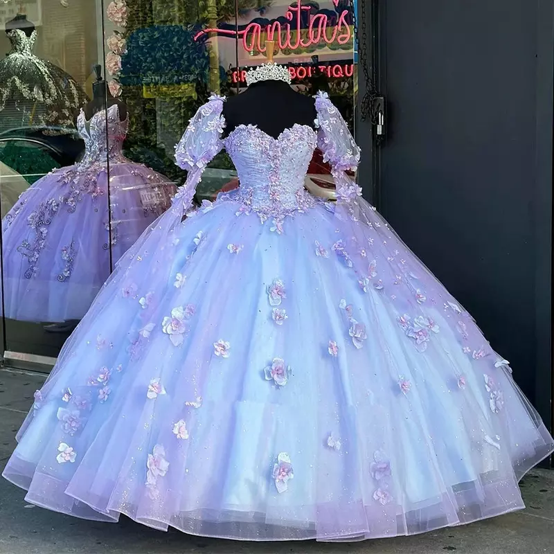 Abiti Quinceanera lavanda di lusso Vestidos De 15 Anos manica gonfia Appliques fiore 3D pizzo cenerentola 16 abiti da festa principessa
