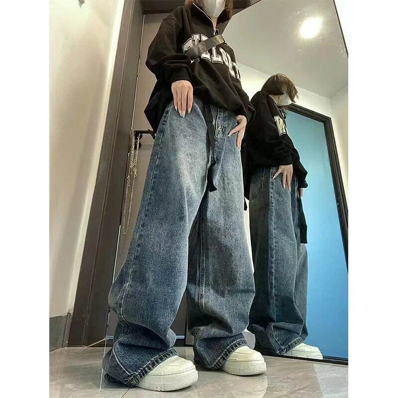 Harajuku Baggy Femme Jeans Y2K ciemnoniebieski brązowy wysoka talia, moda uliczna 90S luźne spodnie damskie spodnie prosta szeroka nogawka
