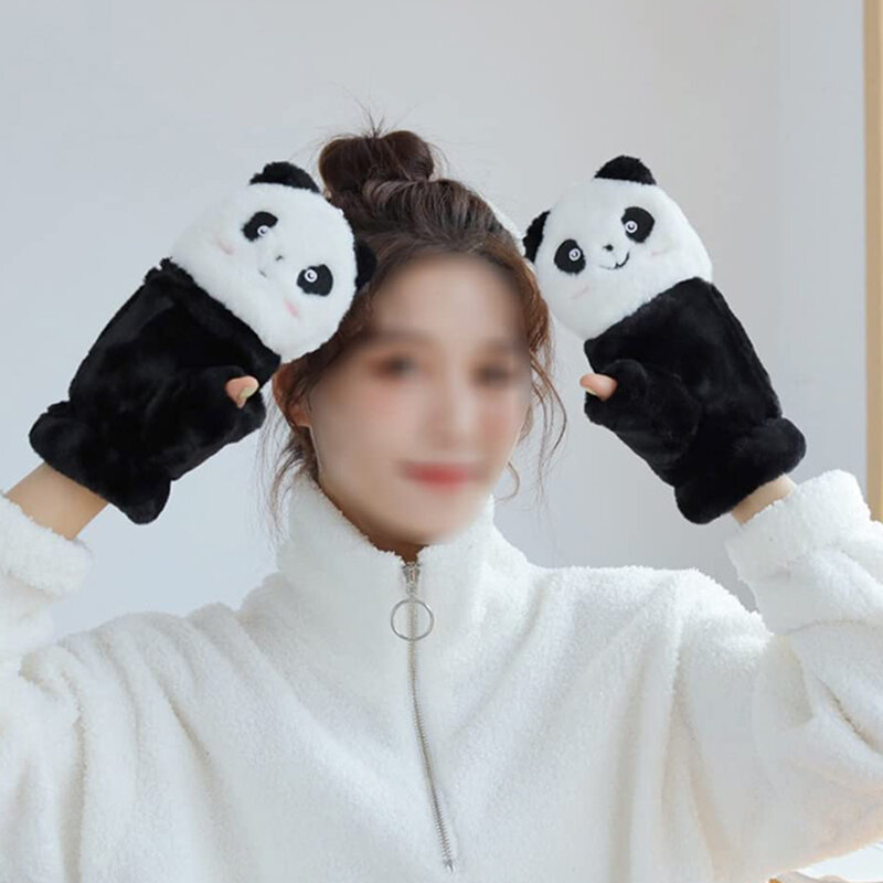 Cute Panda Plush Gloves Mittens Flip Fingerless Gloves Winter Warm Cold-proof Half-finger Gloves Plush Soft Thick Winter Gloves