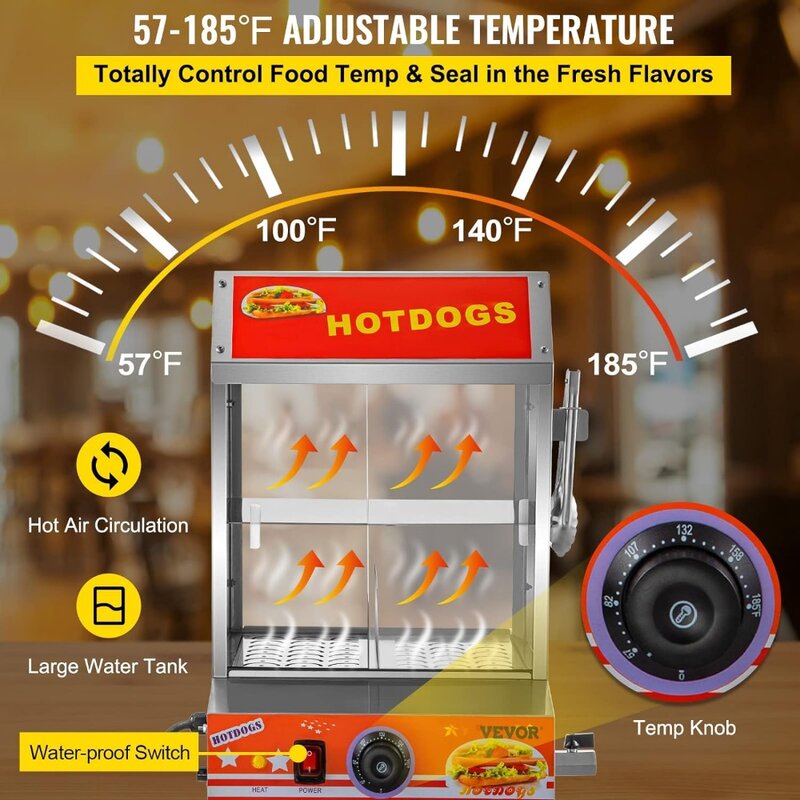 Hot Dog Steamer, 27L/24.52Qt, 2-Tier Hut Steamer for 175 Hot Dogs & 40 Buns, Electric Bun Warmer Cooker wit