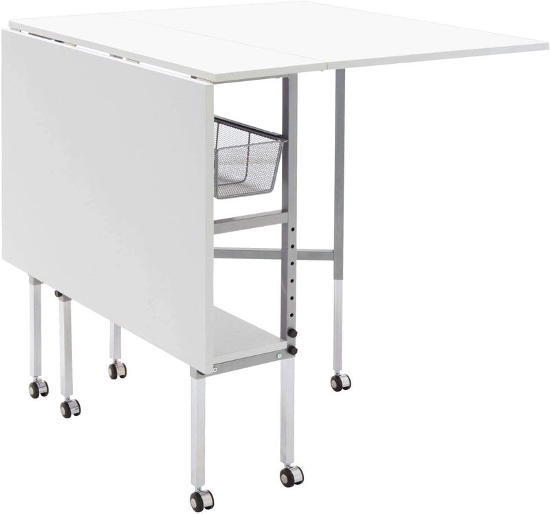 Sew Ready Hobby and Cutting Table - 58.75" W x 36.5" D White Arts and Crafts Table with 2 Mesh Storage Drawers, Silver/White