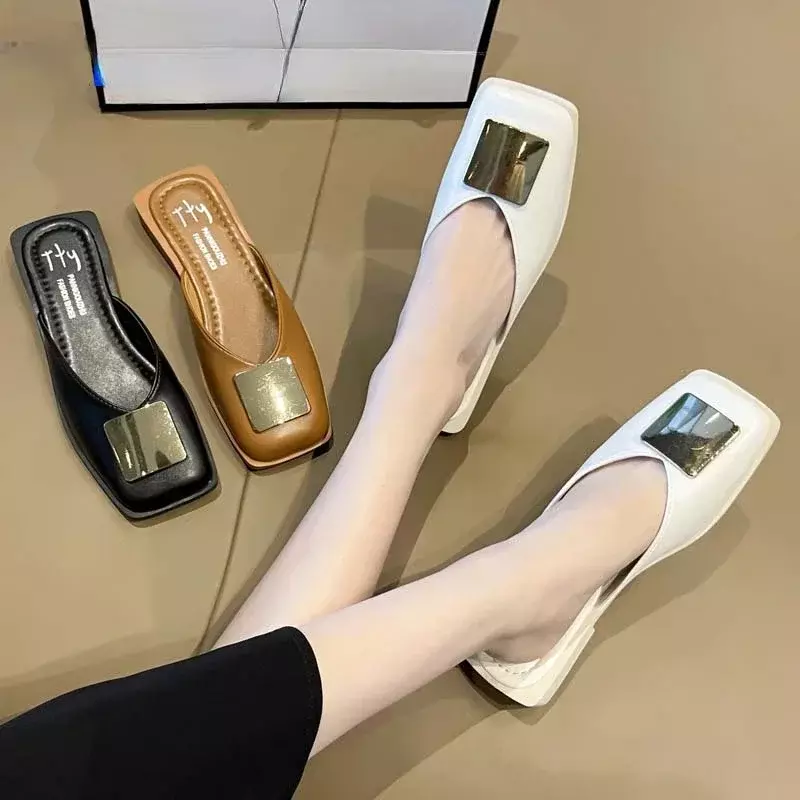 Comemore metalowa klamra muły damskie z płaskie kwadratowe palcami płytkie buty na zewnątrz casualowe sandały klapki damskie moda