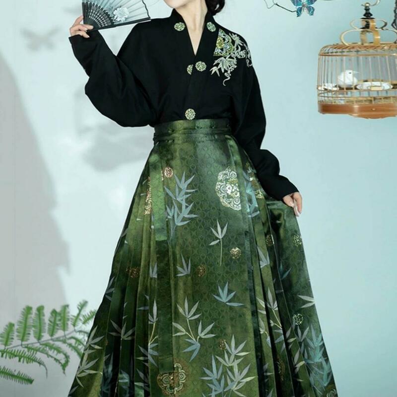 Saia feminina estampada com rosto de cavalo, saia hanfu, estilo chinês, estampa retrô, saia plissada, tecelagem, dinastia Ming