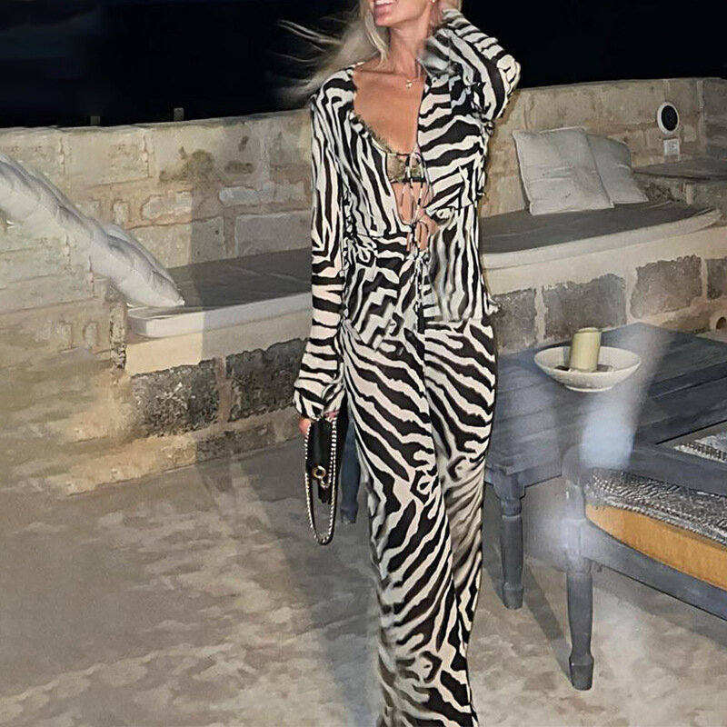 Fato de treino com estampa listrada zebra feminina, top manga comprida, camisa e calça, terno casual sexy, roupas de praia, bandagem Y2K, conjunto 2 peças