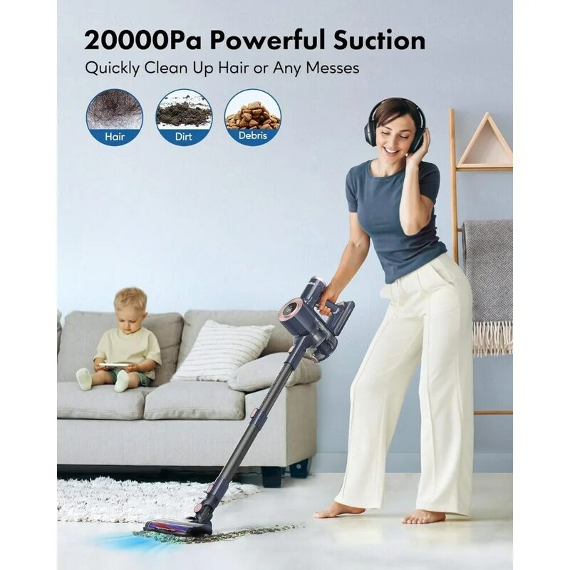 Cordless Vacuum Cleaner, 20Kpa Powerful Suction Vacuum with LED Display, 8 in 1 Lightweight Stick Vacuum