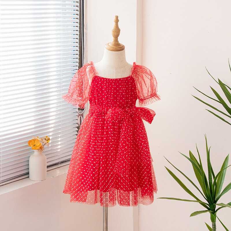 Children's Princess Dress In Green Korean Style Baby Party Dress with Lace Pearl Mesh Flare Sleeves Suitable for Summer L365
