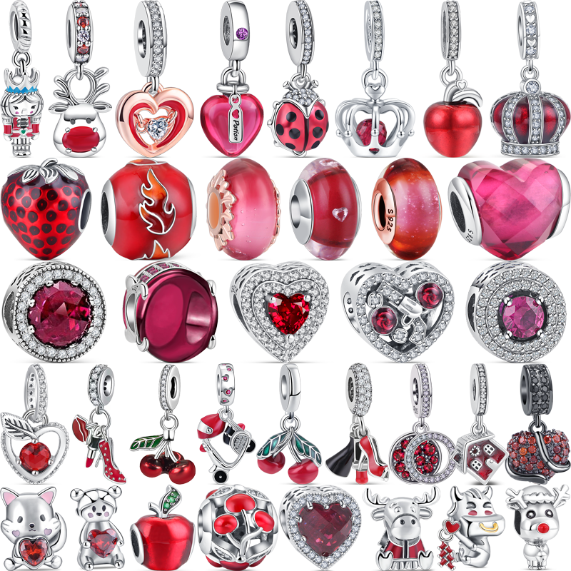 Fit Original Pandora Charms bracciale gioielli fai da te 100% 925 Sterling Silver Red Murano Glass zircone Apple Cherry Crown Heart Beads