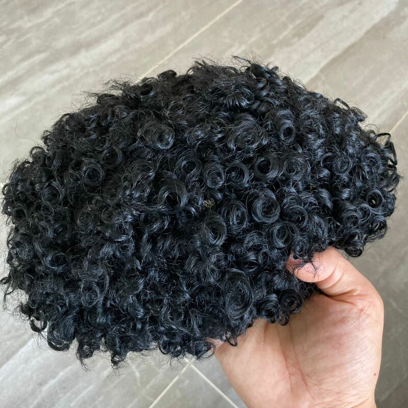 Good Natural Human 15mm Curly Men Toupee Durable Thin Skin Full Pu Base Male Human Hair Prosthesis System Natural Hairline