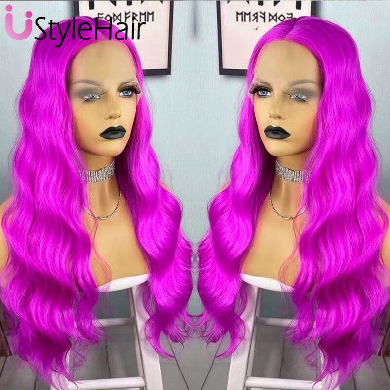 UStyleHair-Peluca de onda Natural púrpura, rosa roja, sintética, malla frontal, rayita Natural, uso diario, Cosplay, sin pegamento