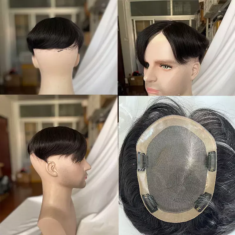 Tupé de Cabello 100% humano para hombres, tupé de encaje suizo con NPU alrededor del sistema de Clip, pieza de cabello de Color 1B