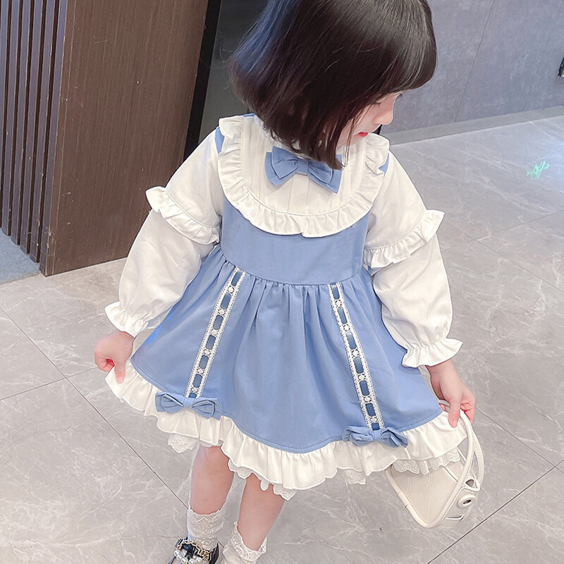 Vestido plisado con lazo azul para niña, falda de línea a, vestido de princesa para niña de 1 a 4 años, primavera y otoño