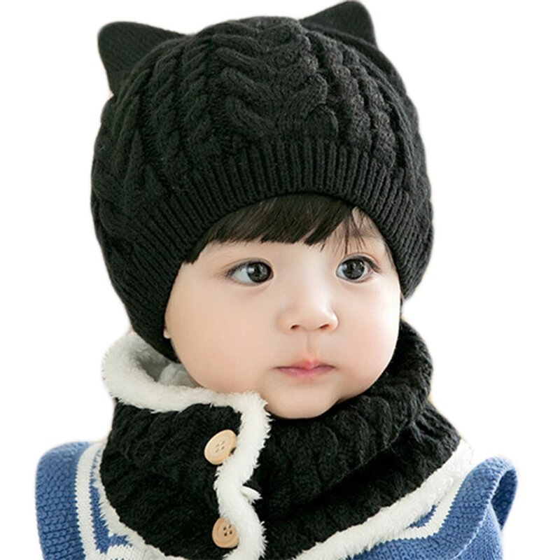 유아 베이비 키즈 겨울 2 조각 비니 모자 버튼 서클 ​​스카프 세트 고양이 귀를위한 귀여운 만화 케이블 니트 해골 모자 두꺼운
