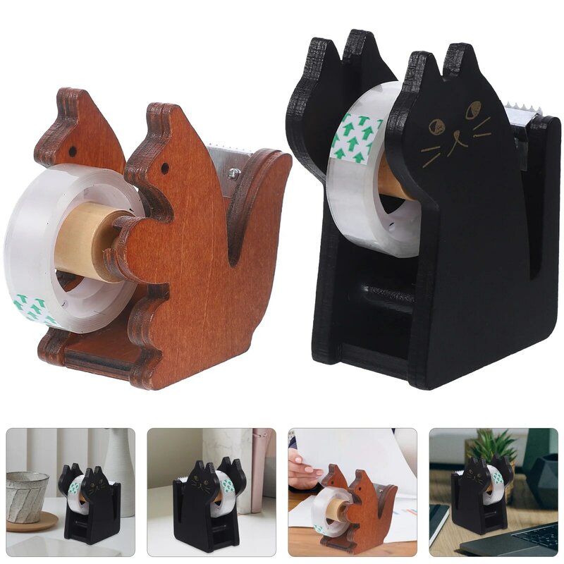 Soporte de cinta de ardilla de gato lindo, cortador de cinta de madera, organizador de almacenamiento de cinta adhesiva, soporte de rollo de cinta de conducto de escritorio, escritorio de oficina