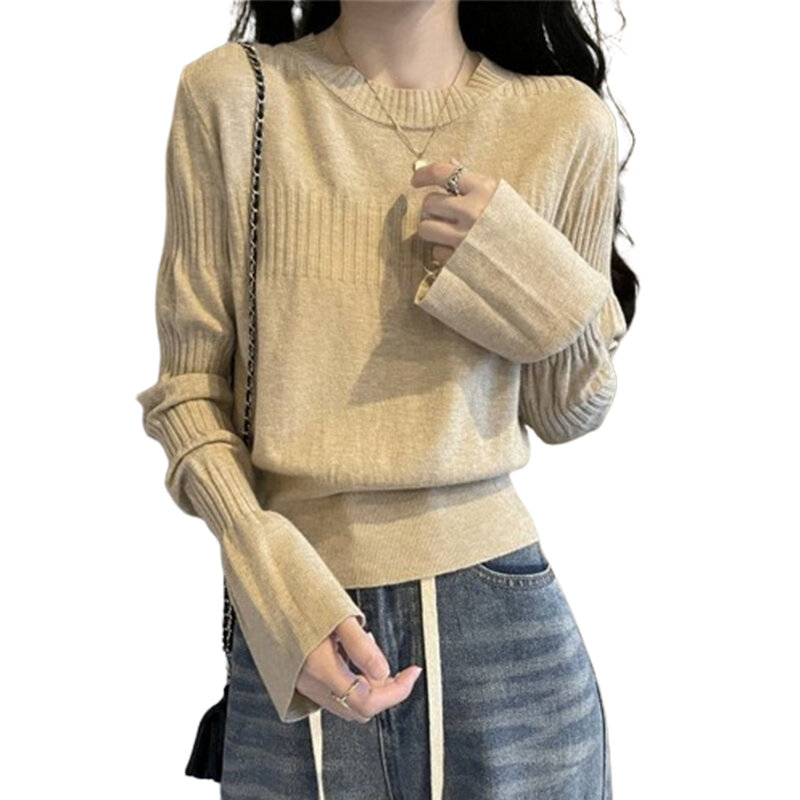 Однотонные женские пуловеры с круглым вырезом, джемперы Y2K, шикарные футболки, уличная одежда, Женская Офисная белая Базовая футболка в Корейском стиле с длинным рукавом для девушек