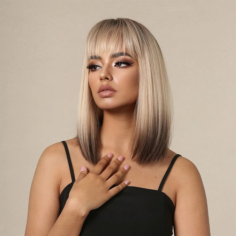 Heat Resistant Fiber Straight Synthetic Bob Wigs Gradual Gray Brown Ombre Wig With Bangs For Women Daily Cosplay Party Use