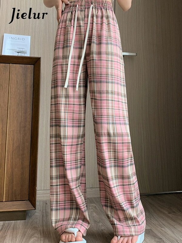 Jielur розовые клетчатые винтажные Летние повседневные женские брюки в Корейском стиле на шнуровке с высокой талией Прямые Y2k шикарные женские брюки с широкими штанинами