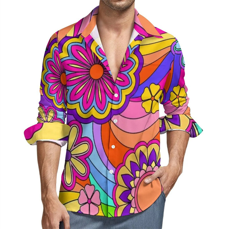 قمصان رجالية ملونة طويلة الأكمام بالزهور ، بلوزات برسومات زهور عرقية ، ملابس عتيقة ، قمم بطباعة ثلاثية الأبعاد ، موضة جديدة ، الربيع ، Y2K