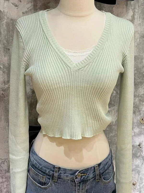 Fashion Green V-neck Knitted Sweater Women Spring New Street Cotton Soft Casual Slim Long Sleeve Crop Tops Sweet Chic Jumper Y2K