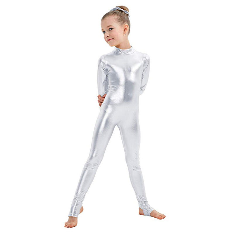 AOYLISEY dziewczęce z długim rękawem błyszczące metaliczne strzemię Unitard taniec całego ciała kombinezon gimnastyczny dla malucha kostium na Halloween