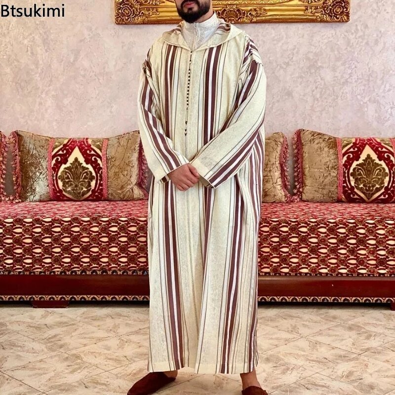 Novo muçulmano jubba thobe roupas dos homens com capuz ramadan primavera outono abaya dubai turquia roupa islâmica masculino casual solto listra vermelha