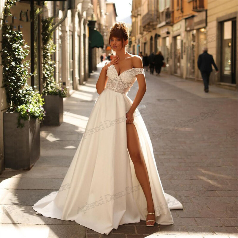 Efektowne suknie ślubne o linii a satynowe suknie ślubne koronkowe aplikacje z szat na formalne przyjęcie Vestidos De Novia