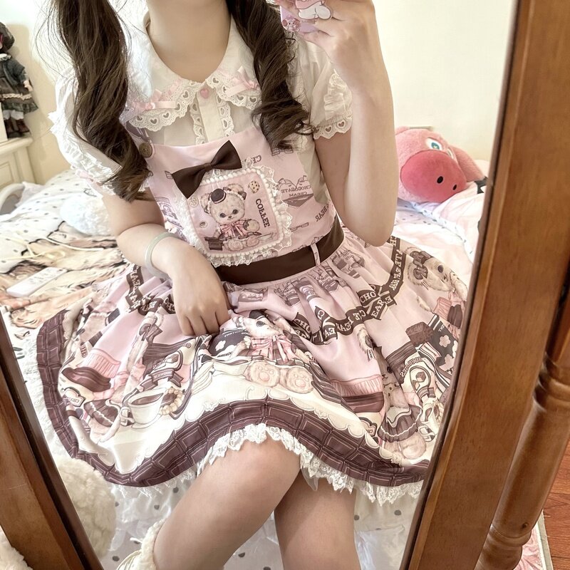 Wiktoriańska słodka Lolita Jsk sukienka miękka miś kreskówka uroczy nadruk sukienka na ramiączkach japońska letnia dziewczyna Kawaii imprezowa szelki sukienki