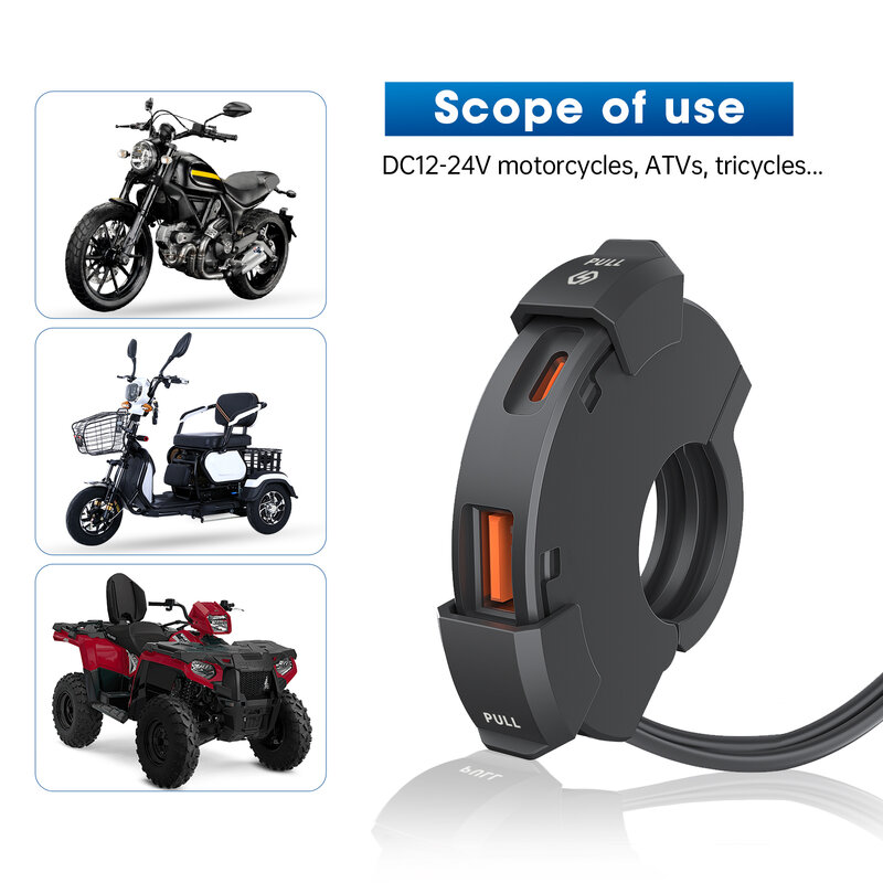 Motorcycle USB Type c Charger QC3.0 PD 30W IP65 Waterproof Moto Bike Handlebar Mounting Bracket Charger for IPhone Xiaomi 12 24V
