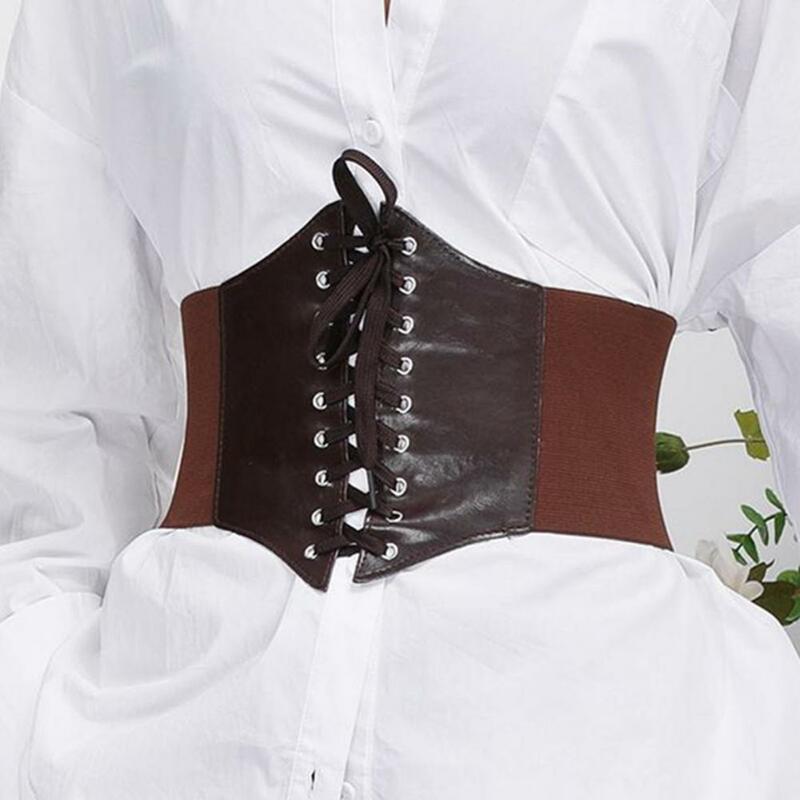 Sabuk ikat pinggang berlubang dengan tali, sabuk korset renda elastis lebar tubuh kulit imitasi untuk wanita