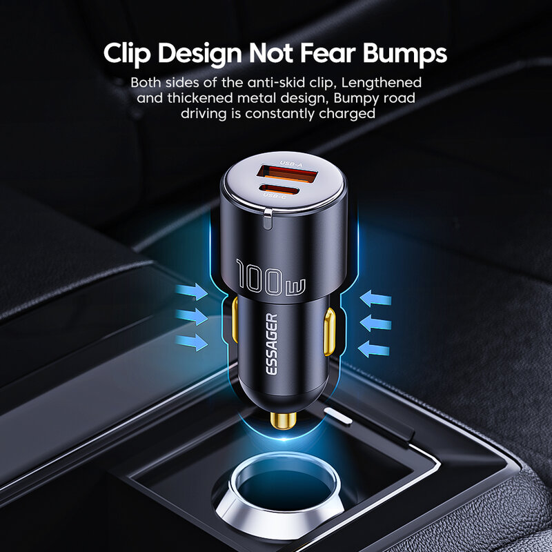 Essager 100W Car Charger Fast Charging Quick Charger QC PD 3.0 For iPhone 14 Type C USB Car Charger For Samsung Laptops Tablets