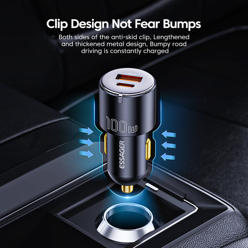 Essager Cargador Rápido para Coche, Dispositivo de Carga Rápida USB PD 3.0 Tipo C, Compatible con iPhone 14 y Tableta u Ordenador Portátil Samsung, 100W