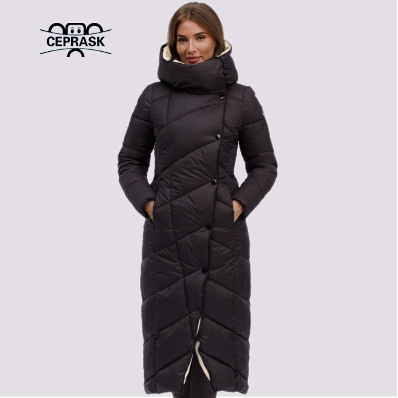 CEPRASK-따뜻한 코튼 후드 다운 재킷 및 코트 여성용, 롱 파카, 대형 사이즈, 겨울, 클래식 외투