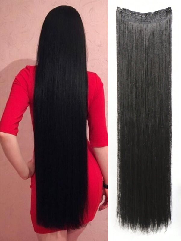 Aosiwig Synthetische Super Lange Rechte 100Cm 5 Clip In Haarverlenging Natuurlijk Haar Zwart Blond Nep Vals Haarstukje Voor Vrouwen