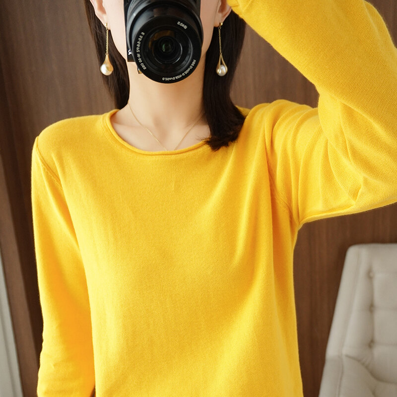 Jersey de algodón 100% para mujer, suéter informal de punto de Color liso, Tops holgados de cuello redondo, blusa básica para primavera y otoño