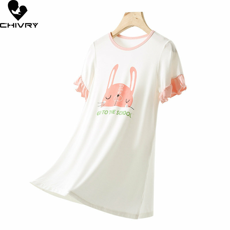 New 2023 Girls Casual Nightgowns Summer Thin Short Sleeve O-neck Cartoon Rabbit Sleepwear Baby Girl Sleeping Dress Homewear