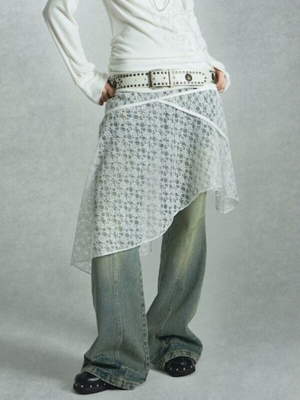 HOUZHOU Y2k Harajuku Streetwear koronkowe spódnice damskie japońska moda Grung Vintage estetyka Design spódnice z wycięciem w talii