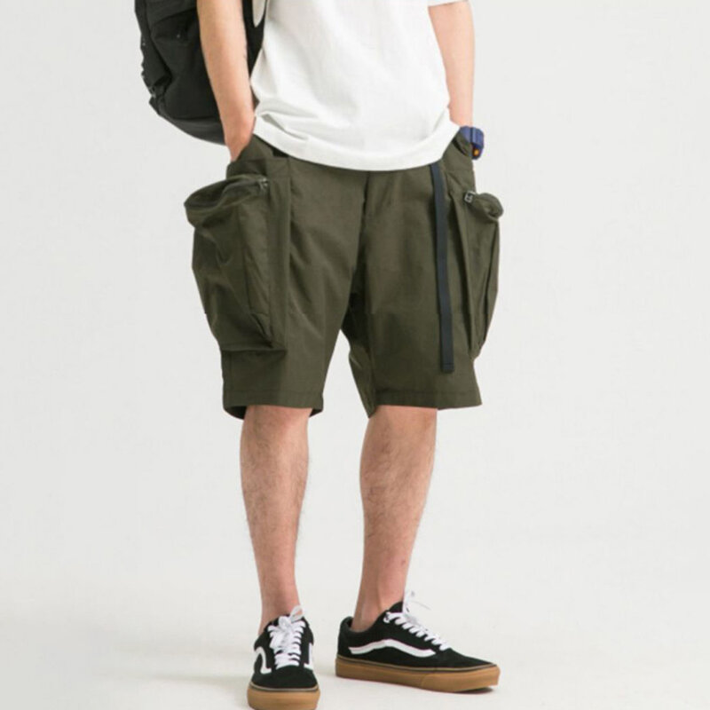2023 New Spring Summer Men's Vintage Belt Design Safari Style Shorts Fashion Baggy Pocket Zipper Sports Knee Length Trousers