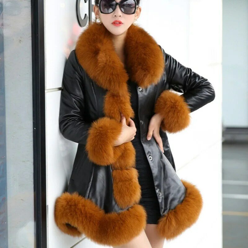 Women's Imitation Fox Fur Collar Leather Coat, Mid Length Version, Slim Outwear, Loose, Large Size, Thicken Warm Parkas, 2024