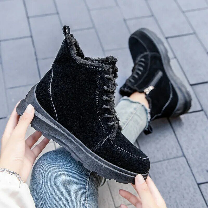 2023รองเท้าบูทหุ้มข้อกันหิมะสำหรับผู้หญิง, รองเท้าลำลองฤดูหนาวกันหนาวมีซิปรองเท้าแพลตฟอร์มกันลื่นสีพื้น