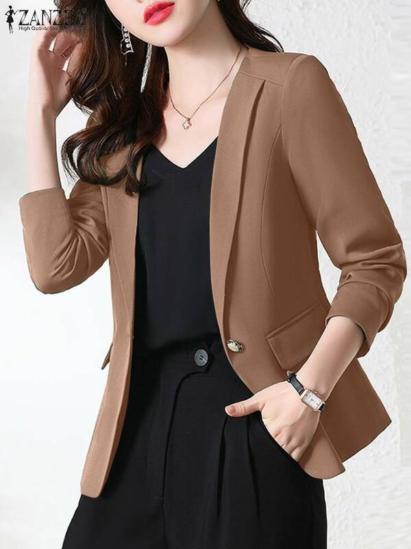 ZANZEA Women Elegant OL Jackets Autumn Lapel Neck Long Sleeve Blazer Suits Casual Slim Office Lady Outwear Solid Work Thin Coats