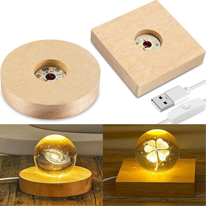 Base de exhibición de luz LED de madera, soporte de exhibición de luz de cristal, 4 piezas